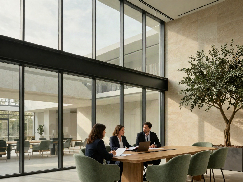 Consultants discussing business strategy in a sunlit contemporary boardroom